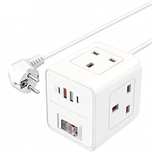UK to European Plug Adapter,3 Way UK to EU Plug Adaptor with 4 USB | (PD 20W/QC3.0),Cube Euro Travel Adapter with 1.5M Extension Lead for Germany France Spain Poland Greece Netherlands(Type E/F)