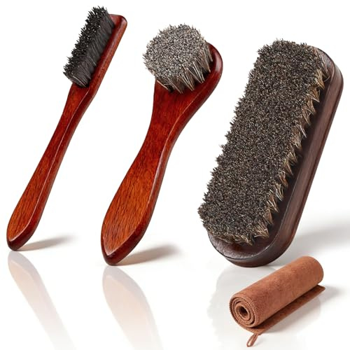 msymsyu 3 stycken hästhårsborste 100 % skoborste hästhår med handduk | Bokträhandtag, brun rund huvudborste, liten skoborste utvecklad för stövlar, handväskor och lädermöbler