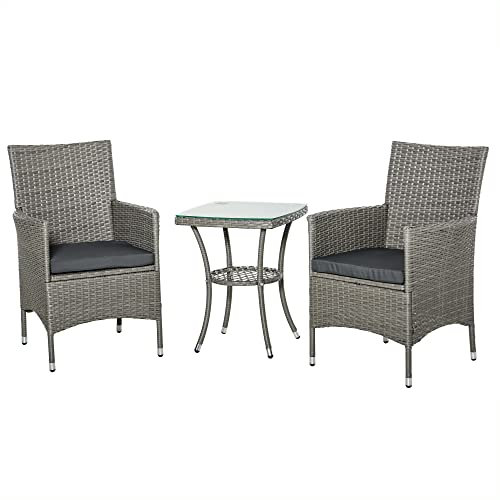 Outsunny Ensemble Salon de Jardin 2 Places : 2 fauteuils et Table Basse Plateau Verre trempé résine tressée Imitation rotin avec Coussins Gris