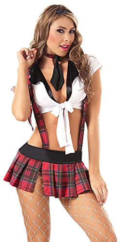 Uniforme Scolaretta Sexy, Completo Intimo Donna Mini Top e Cravatta, Gonna Scozzese (Nero rosso, Taglia unica)