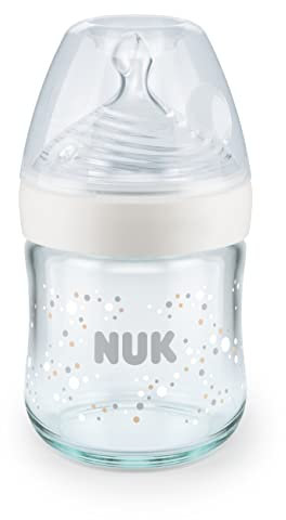 NUK Nature Sense Glas-Babyflasche mit Temperature Control, mit brustähnlichem Silikon-Trinksauger, Größe S, 120ml, BPA frei, weiß