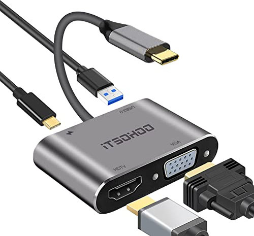 Adaptador USB C a HDMI VGA, adaptador USB C a HDMI 4K de iTSOHOO,1080P VGA, USB 3.0, Tipo C 87W PD, adaptador USB C 4 en 1 para MacBook Air/Pro M1, Dell XPS 13/15, Surface Go, Galaxy S20, Huawei, etc