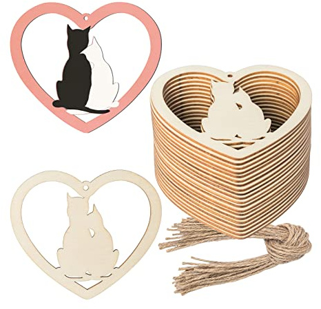 Heart Shape Wooden Cat Wood Blank Wood with Twines Art Unfinished Ornaments for Christmas Wedding Birthday Party Valentine's Day Thanksgiving Day Decoration 20Pcs
