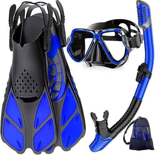 Zenoplige Snorkel Set Adults with Flippers, Snorkel Mask with Adjustable Swim Fins, Snorkelling Packages with Carrying Bag for Beginners and Snorkelers