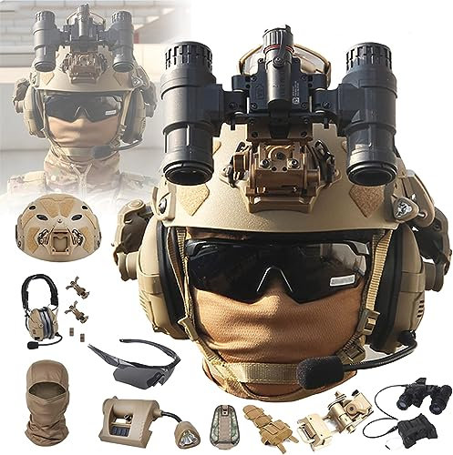 SIANKO Fast SF PJ Paintball Airsoft Helm-Set, mit taktischem Bluetooth-Headset, NVG-Modell, Metall L4G24-Halterung, Brille, Taschenlampe, Batterietasche, für Jagd, CS, Cosplay (Tan/A)