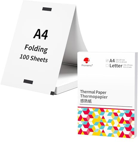 Phomemo Papier D'impression Thermique A4, 210x297 mm, Papier D'impression Thermique à pli Continu Compatible avec L'imprimante Portable Phomemo M832/M834, pour Voyage, Photo, Contrat, 100 Feuilles