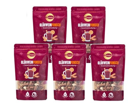 Punsch und Glühwein Gewürzmischung 5x100g – Köstliches Glühweingewürz für Glühpunsch, Kinderpunsch und Apfelpunsch: Glühwein Gewürz ohne Zucker, Glühwein alkoholfrei, vegan – 500g Glühweingewürz…