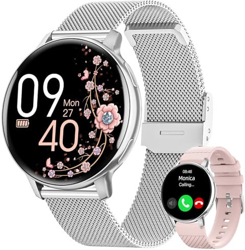 HASAKEI Smartwatch Damen, 1,39 HD Touchscreen Damenuhr Rund mit Telefonfunktion, Menstruationszyklus, 24H Herzfrequenz, SpO2, Schlafmonitor, Wasserdicht IP68 Schrittzähler für Android iOS Silber