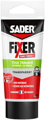 SADER FIXER Sans Percer Tous Travaux Intérieur/Extérieur Transparent - Mastic Colle Hybride, Collage Puissant, Tous Matériaux, Peut se Peindre, Tube 50g