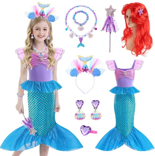YYDSXK Meerjungfrau Kostüm Mädchen, Prinzessin Arielle Kostüm Kleid mit Ariel Meerjungfrau Perücke, Arielle Kostüm Kinder Geschenke für Mädchen, Meerjungfrau Kleid für Cosplay Karneval Party (130)