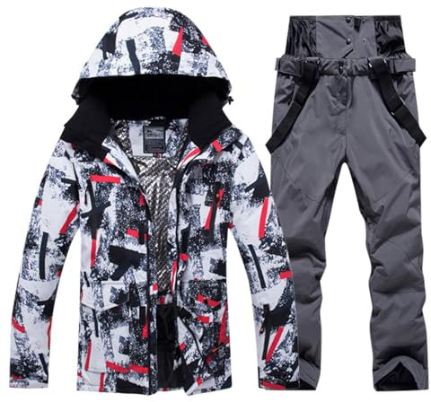 Generisch Skijacken Hosen Set Winddicht Schneeanzug Männer Sportlich 2-Teilig Wander Herren Warmer Winter Komfort Hosenanzüge Lässig Jogginganzug Bunt Bedruck Hoher Qualität Trainingsanzug (Grau, M)