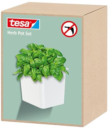 tesa Accesorios de Cocina, Maceta para Hierbas - Macetero Colgante y Autoadhesivo para Plantas Aromáticas Frescas - con Adaptador, Montaje en Pared sin Taladrar - Blanco
