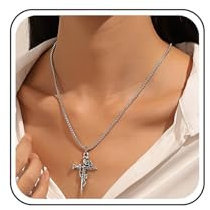 Xduargs Punk Sword Dagger Choker Necklace, Women & Girls, Silver Metal, Gothic Style, Cross Pendant, 24 Inch Chain