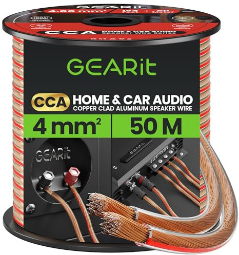 GearIT 12 Gauge 2x4mm² Speaker Cable CCA Wire (50m - Clear) Copper Clad Aluminum - Great for Hi-Fi Home Theater and Car Speakers - 12awg