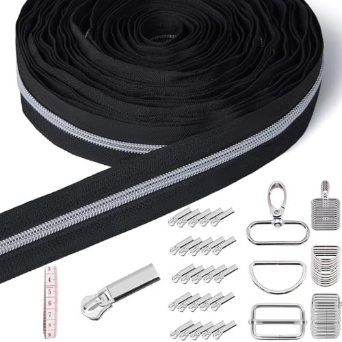 Sonekin Reißverschluss, 9 m Endlosreißverschluss mit Zipper, 25 Stück Reißverschluss Schieber, 30 Stück Metallzubehör Zum Nähen von Handtaschen, Geeignet Zum Nähen und Basteln (Silberweiß)