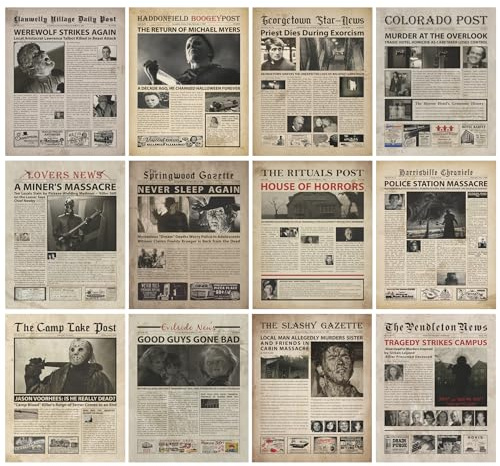 Vintage Horror Movie Newspaper Poster - 8x10 Inches Set of 12 Unframed Posters & Prints - Serial Killer Halloween Decorations for Bedroom Wall Art - Horror Massacre Retro Halloween Room Decor for