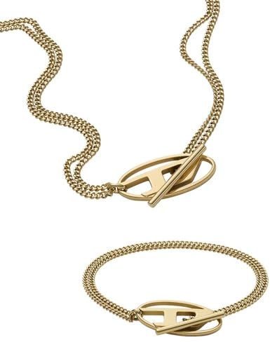 Diesel Herren Oval D Logo Halskette und Armband aus goldfarbenem Edelstahl, Set