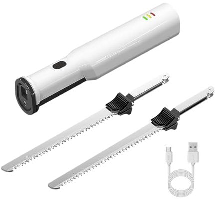 Electri c Carving Knif e for Meat Cordless K nifes Carving for Meat and Turkey Cordless Rechargeable for Meat Slicing Bread with 2 Stainless Steel Ergonomic Handle Plus Low Vibration (White, 25.5x.3)