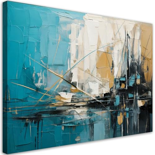 Feeby Leinwand Bilder - Bild Wohnzimmer - Abstraktion Komposition türkisbeige - 120x80 1tlg - Deko Schlafzimmer Groß - Dekoration Canvas - Gemälde - Modern Wandbilder - Kunstdruck