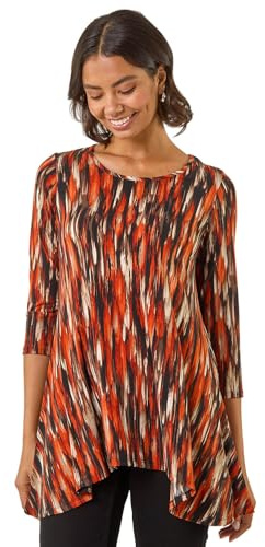 Roman Originals Hanky Hem Tunic Top for Women UK - Ladies Longline Blouse Asymmetric Hemline Casual Slouch Loose 3/4 Sleeves Round Neck Relaxed Comfortable Holiday - Abstract Orange - Size 18