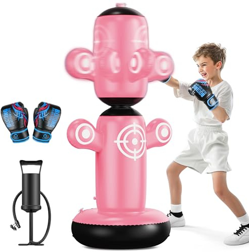 QPAU 360 ° drehbarer Boxsack für Kinder, größere 64 Zoll Kinder Boxsäcke mit Handschuhen, Handpumpe & 6 Zielen, Bop Bag Aufblasbares Boxspielzeug, Karate Geschenke für Jungen, Mädchen (Rosa)