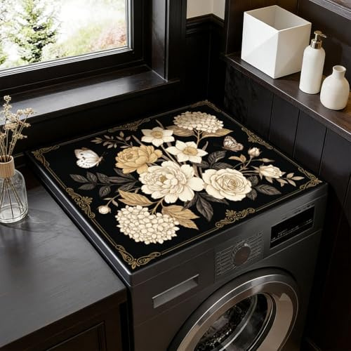 SUPERDANT Retro White Flowers Washer Dryer Dust Cover Mat For Top Black Background Washing Machine Dust Cover Pad Fast Drying Absorbent Non-slip Covers for Laundry Room Kitchen Bathroom 60x50cm