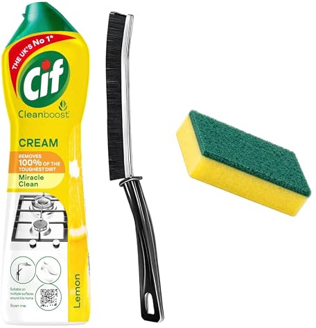 Cif Lemon Cream Cleaner 500ml with Crevice Cleaning Brush & Sponge – Cleaning Products Bundle, Multi Purpose Cleaner Set, Surface Cleaner for Kitchen & Household