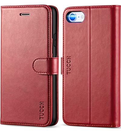 TUCCH Case for iPhone SE 2022/2020/8/7 (4.7), Magnetic PU Leather Wallet Flip Stand Cover with Shockproof TPU & Card Holders, Compatible with iPhone SE3/SE2/8/7, Dark Red