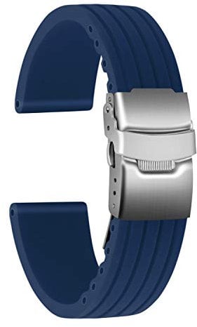 ULLCHRO Gummi Uhrenarmband Ersatzarmband Ersatz Kautschuk Armbanduhr Wasserfest Stripe Pattern - 16mm, 18mm, 20mm, 22mm, 24mm Uhrenband mit Edelstahl Faltschließe (18mm, blau)