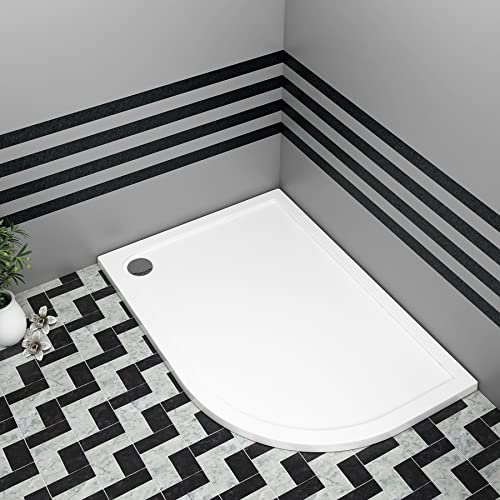 Nuie Bathroom 1000 x 800mm Shower Tray Gloss White Slimline 40mm Stone Resin Right Handed Offset Base with Free Waste Trap Kit