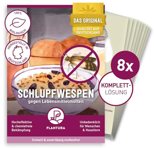 Plantura Schlupfwespen gegen Lebensmittelmotten, Komplett-Lösung mit 24 Karten (8 Karten à 3 Lieferungen) - hochwirksame & nachhaltige Bekämpfung, Alternative zu Mottenkugeln