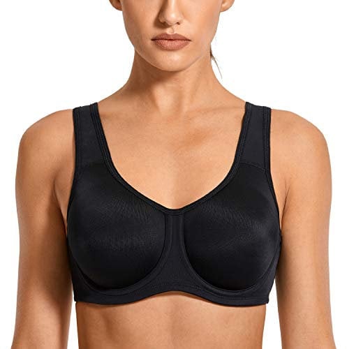 SYROKAN Women's Max Control Solid High Impact Plus Size Underwire Sports Bra for Large Breasts Black 44H