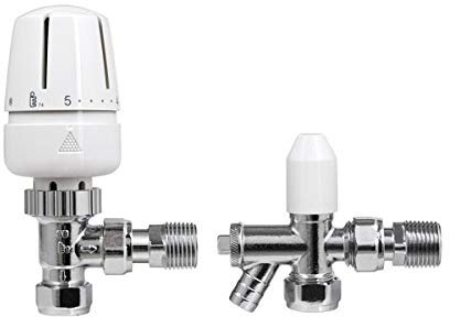 1 x TRV Thermostatic Radiator Valve and Lockshield & Drain Off Point Valve Pack - 15mm x 1/2 Angled Body White Head