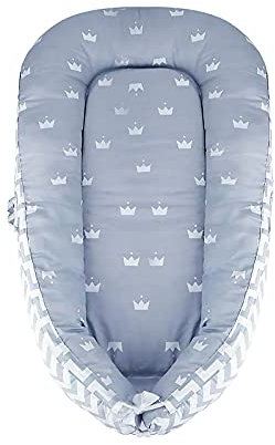SONARIN Babynest babynestchen 100% Baumwolle,multifunktionales Kuschelnest für Babys,hypoallergen, mit Kissen, tragbar,Nestchen Reisebett für Babys und Säuglinge(Crown-Grau)