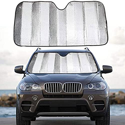 BANNESE Parasol Coche Delantero, Tablero De Aislamiento De Ventana Frontal Plegable, Reflector De Rayos UV Protector Material De Papel De Aluminio Parasol Facil De Usar,55 * 27.5 Inch