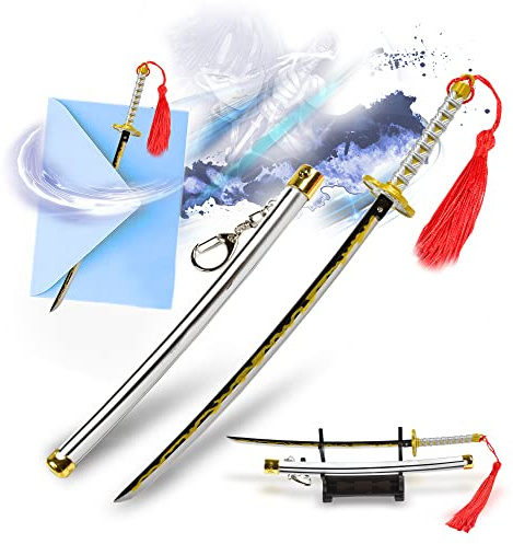 Demon Slayer Brieföffner Anime Katana, Mini Schwert, Scheide & Ständer, Samurai Sword, Animeschwert, Schlüsselanhänger, Anime Geschenk