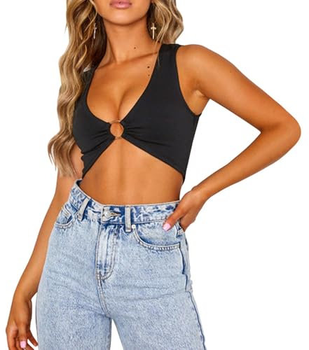 QKEPCY Mujer Camiseta Sexy Crop Top Elástico Manga Corta Verano Casual sin Mangas T-Shirt Y2K Tops Cut out Streetwear Informal (Negro M)