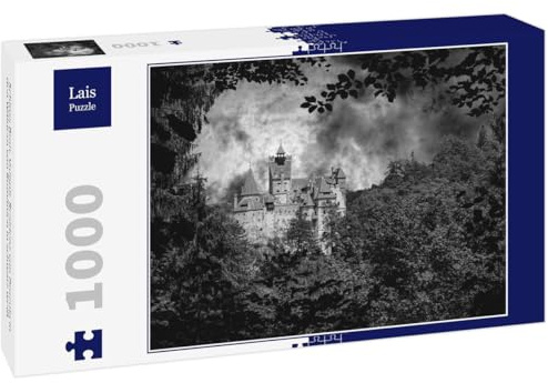 Lais Puzzle Schloss Bran. Vampir-Residenz von Dracula in den Wäldern von Rumänien in schwarz weiß 1000 Teile