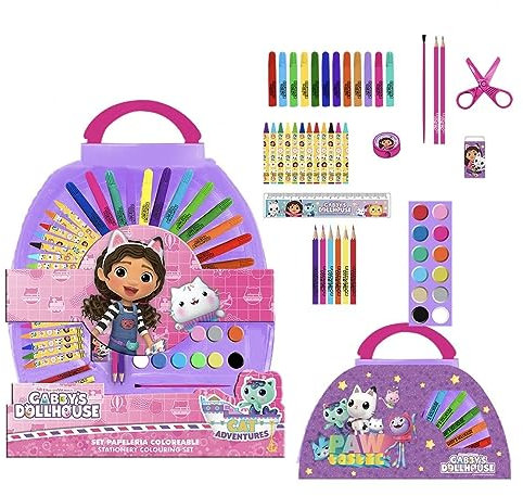 Gabby's Dollhouse Malset 50-Teilig - Enthält Filzstifte, Wasserfarben und Buntstifte - Mit Schere und Lineal - Original Produkt in Spanien Designed