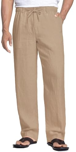 COOFANDY Men's Linen Trousers Drawstring Light Summer Trousers Casual Relaxed Fit Beach Pants with Elastic Waist Comfortable Breathable Holiday Pants Light Brown L