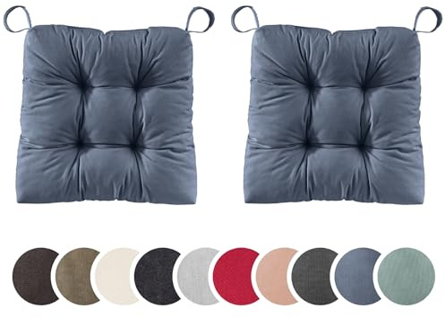 sleepling 2er Set Stuhlkissen 40(vorne), 35(hinten) x 38 x 7cm, Jeans Blau | Sitzkissen für Stuhl & Bank mit Klettverschluss, 100% Baumwolle, Indoor & Outdoor, Made in EU, Waschbar, 2 Stück