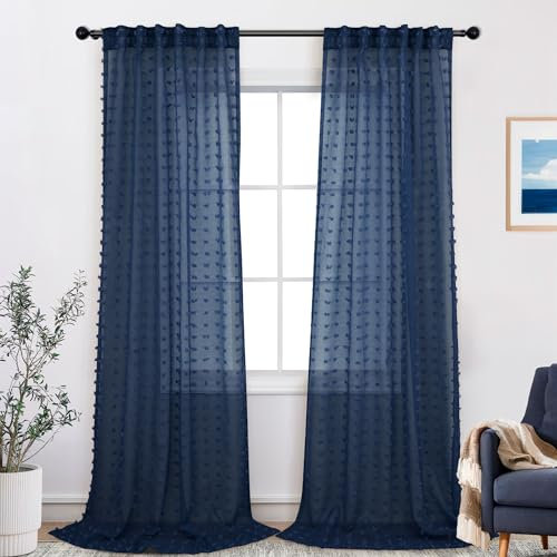DANCURTON Blaue durchsichtige Vorhänge, 250 cm lang, für Wohnzimmer, Jungen, Kinderzimmer, Bommel, strukturiert, Decke bis Bodenlänge, Bauernhaus, Boho, Marineblau, Schlafzimmervorhang,
