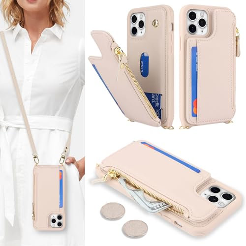 SailorTech Handyhülle für iPhone 11 Pro Max Etui mit Kartenfach, iPhone 11 Pro Max Hülle mit Verstellbarer Halskette, iPhone 11 Pro Max Handytasche mit Reißverschluss Geldbörse - Aprikose