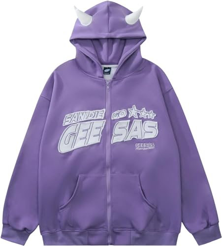 Felpa con Stampa di Lettere di Corno del Diavolo da Donna Felpa con Cappuccio Oversize con Ricamo di Cartoni Animati Carini con Cerniera Pullover Unisex con Cappuccio (Viola,XL)