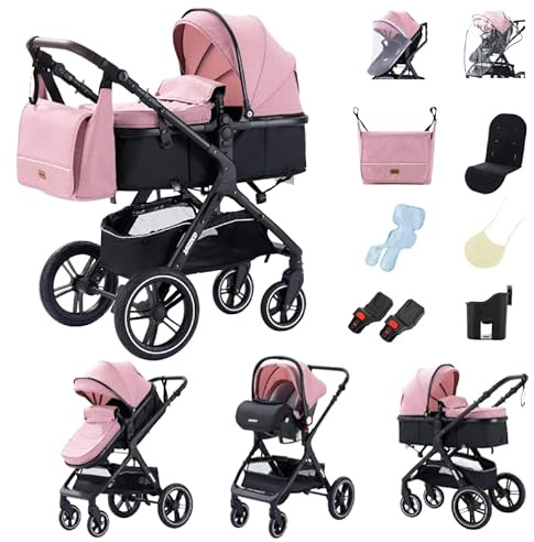 GLOKID Poussette 3 en 1 Pliable, avec Conception Pliable en Un Clic, système de voyage, Deux Façons de Pousser, Moustiquaire, Couvre-Pieds, Porte-Gobelet, pour nouveau-né jusqu'à 3 ans (LHX1 rose)