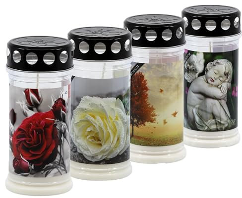Horeca Candles - Bougies Funéraires avec Couvercle - Durée 4 Jours - Lot de 4 Bougies pour Cimetière - Cire Blanche - Bougies pour Tombe avec Motifs