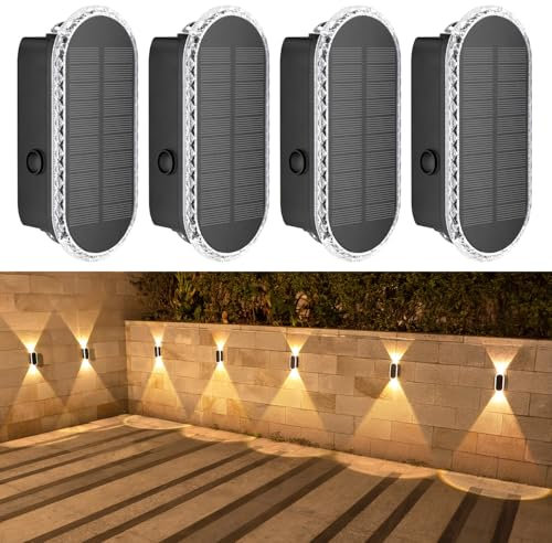 HAMLITE Solar Fence Light for Garden: 4 Packs Weatherproof Up&Down Lighting - Adjustable 3000K-6500K Modes - Easy Installed Wall Light with 1500mA Battery for Deck Garden Door Porch Fence Patio