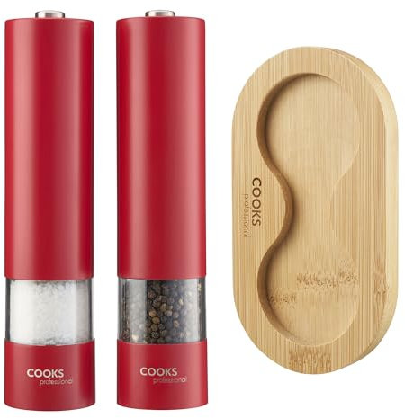 Cooks Professional Electric Salt and Pepper Mill Set with Bamboo Base | Battery Operated Automatic Grinders with Adjustable Grinding & One Touch Operation | Condiment Grinder & Stand | Red
