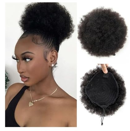 RUNZE765Z unordentliches Dutt-Haarteil Afro Puff Bun Haarteil 4 6 8 Zoll verworrenes lockiges Echthaar Kordelzug Pferdeschwanz Haarverlängerungen Haarknoten Haarteil(8Inches)