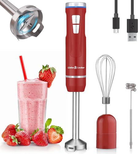 Liebe&Lecker Cordless Immersion Blender, 3-in-1 Handheld Stick Blender | Rechargeable Electric Mixer Set with Whisk & Milk Frother, 8-Speed Hand Blender for Shakes, Soups, Coffee (Red)